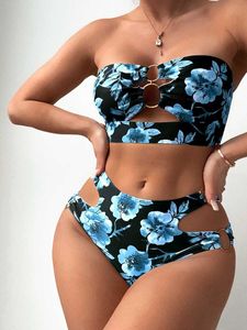 Swimwear Flower Print Ring Link Bandeau Bikini 2023 Femmes de maillot de bain Womens High Women