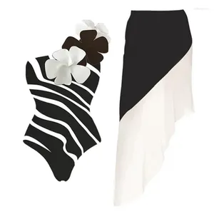 Fleur de maillots de bain pour femmes Swims de maillot de bain et de jupe décoration une épaule Retro Beachwear Cover Up Striped Swimswaer 1 Piece