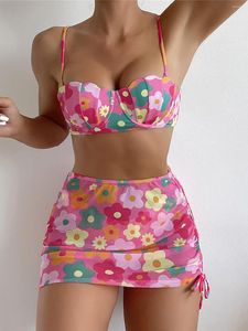 Vrouwen Badmode Bloemen Bikini Push Up Badpak Vrouwelijke Vrouwen Driedelige Set Met Rok Beha Cup Bader Badpak zwemmen V4303