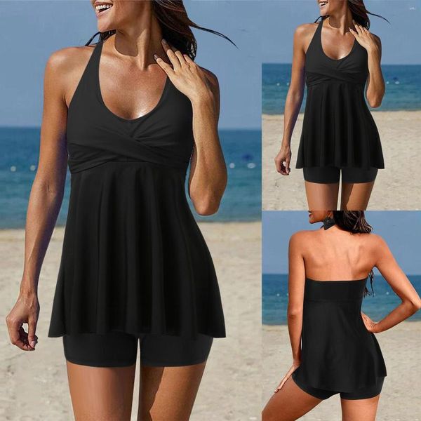 Traje de baño de mujer Flowy Twists Front Two Piece Tankini Set Trajes de baño para mujer con pantalones cortos Halter V Neck Trajes de baño de gran tamaño