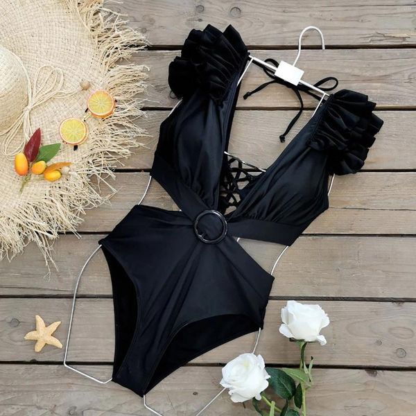 Swimwear Women French French Elegant Ruffles Bikinis ensembles sexy Deep V One Piece Massuit Backless Beach Bathing Insumes