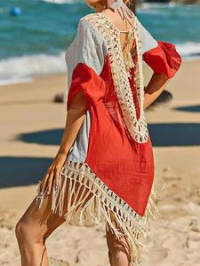 Dames badkleding fringe kwastje uit holte splicing backless tunic strand cover up cover-ups jurk slijtage strandkleding vrouwelijke vrouwen K4059