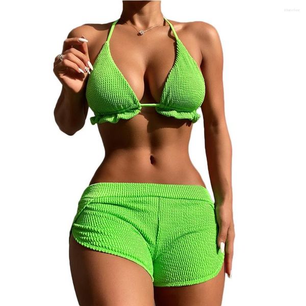 Maillots de bain pour femmes FS 2023 Sexy Green Halter Lace Up Ruffled Bikinis Set Maillots de bain Deux pièces Maillots de bain Boxers Plunge Sliding Triangle