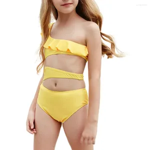 Traje de baño para mujer FS linda niña amarillo monokini volante oblicuo ahueca hacia fuera un solo hombro traje de baño niños traje de baño una pieza verano