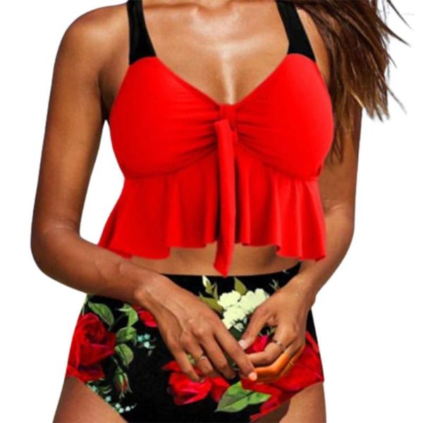 Traje de baño para mujeres FS Mujeres Gran tamaño rojo Red Plisado Bikini Bikini Traje de baño con estampado floral Tada Two Dos piezas 2024 Llegada