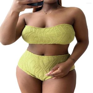 Traje de baño para mujer FS Mujer Tallas grandes Amarillo Plisado Bandeau Cintura alta Bikini Set Lady Split Color sólido Estilo de playa Traje de baño Dos piezas