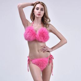 Bikini fourrure de maillots de bain pour femmes Set Femmes Pink Real Luxury Beach Wear Sexy 2 Pieds Sethsuit 2024