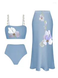 Dames Zwemkleding Zacht Blauw Eenvoudige Print Biquinis 2024 Zomer Vrouwelijke Mode Bikini Set En Zwemjurk Hoge Taille Sexy Strandkleding