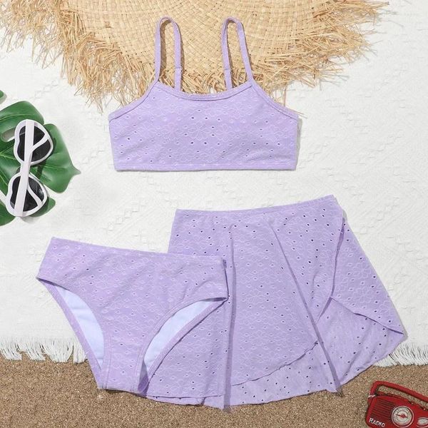 Costume da bagno da donna per ragazza Confezione da 3 pezzi Costume da bagno bikini con ricamo con occhielli in tinta unita per bambini con copertura Gonna da spiaggia Sport Costume da bagno per bambini 7-14 anni