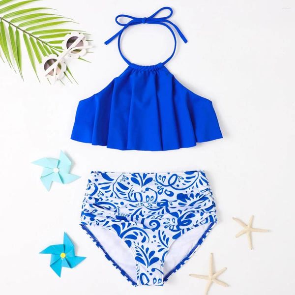 Traje de baño para mujer Chica Porcelana Impresión Bikini Traje de baño Niños Halter Top Ruffle Dos piezas Traje de baño de cintura alta para niños Ropa de playa 2024