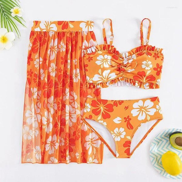Swearwwear Girls's Girls's 3 Piece Set Floral Print Bikini Swimsuit With Beach Jirt Migned Baip Bathing Cult 8-11T