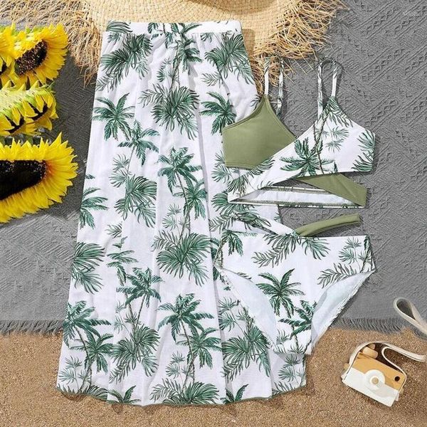 Swimwear Women Girls 3 Pack Palm Tree Bikini traje de baño con falda de playa 2023 envoltura cruzada de 7-12 años traje de baño de baño