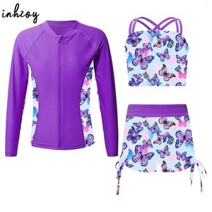 Swimwear féminin Girls Beach Rash Guard Ensemble manteau à glissière à manches longues avec débardeur et shorts de natation de baignade 3 pièces Soleil de protection du soleil