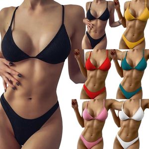 Dames badmode meisjes High Cut Bikini Set Sexy Small Cup Women Ribbed Swimsuit Beach Braziliaanse Biquini Solid Black Micro Thong Bikini's