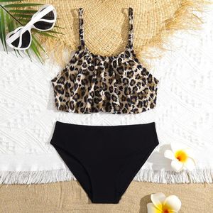 Traje de baño para mujer, Bikini con estampado de leopardo para niñas, traje de baño para niños con volantes y volantes, traje de baño de dos piezas para niños de 5 a 14 años, ropa de playa para adolescentes