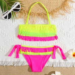 Filles de maillots de bain féminin patchwork Bikini Fringe MAINTRAIRE ENFANTS HACKER TOP TOITURE Two Piect 5-12 ANS TIAT SIDE BACHING Suif de baignade de plage