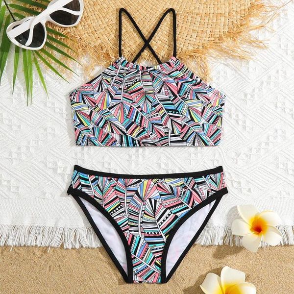 Traje de baño de mujer Niñas Estampado con cordones en la espalda Bikini Traje de baño Niños Criss Cross Dos piezas Niños 5-13 años Traje de baño Ropa de playa de verano