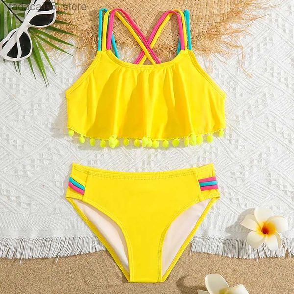 Traje de baño para mujer Niñas Sólido Volante Volante Bikini Traje de baño Niños Criss Cross Back Dos piezas Traje de baño para niños 5-12 años Traje de baño Ropa de playa Q240226