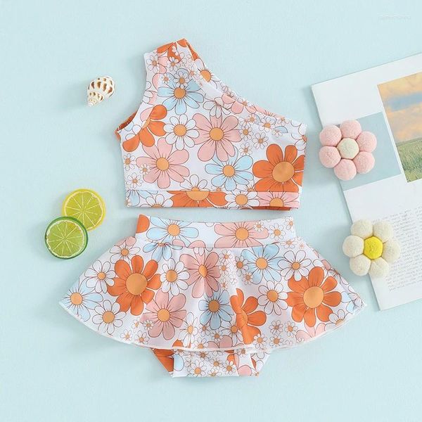 Swearwwear Girls Swimsuit 2 Pieds Set One épaule sans manches à imprimé de fleurs Elastic Sweon Swim Shorts bébé