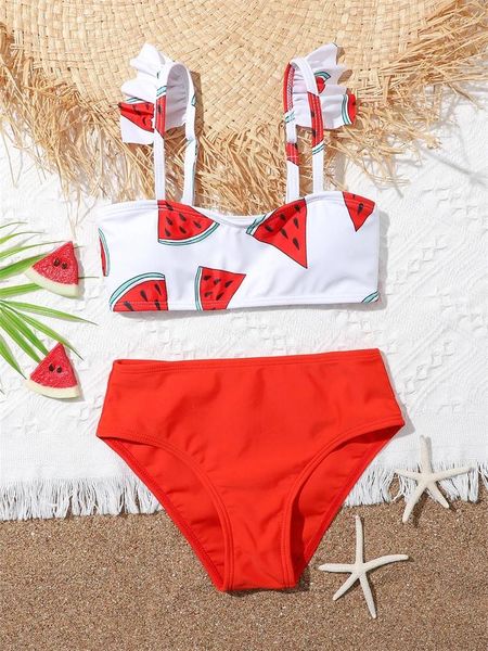 Swimwwear Girls Swimsuit Kidsuit Bikini 2024 Pares de pastèque imprimer Sling Sling Bikinis Set High Taist Enfants Summer Beach Bathing