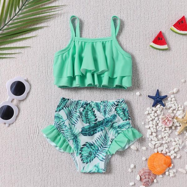 Swimwwear Girls Swimsuit Kidsuit Kids Split Bikini Set Couleur solide Halter Top Imprimé Pigle à volants Summer Seaside Cool Beach Wear