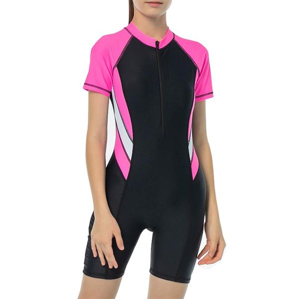 Traje de baño para mujer Niñas Cremallera frontal Rashguard Boyshort Traje de baño UPF 50 UV para niños Una pieza con cremallera Mangas cortas Traje de bañoMujer