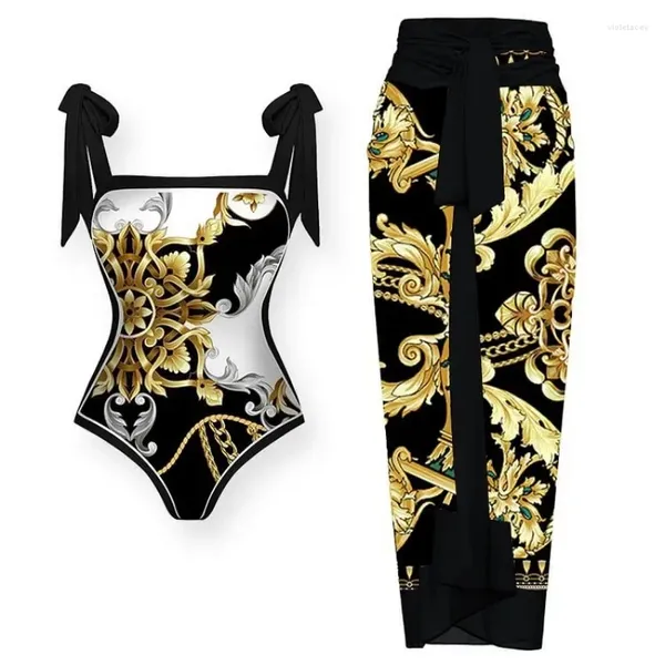 Swimwear Gold pour femmes Bikini imprimé à double face ensemble Bode à volants floraux sexy Push-up brésilien 2024 Bathonage de la plage