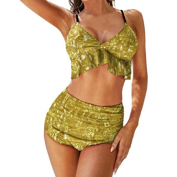 Maillot de bain femme or métallisé Texture Bikini maillot de bain Sexy abstrait brillant taille haute ensemble femmes 2 pièces graphique féminin Bikinis