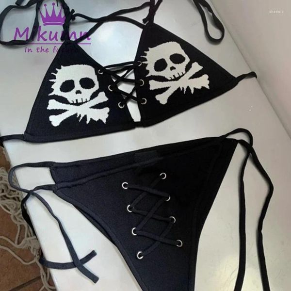 Traje de baño para mujer Gótico Punk Skull Print Sexy Bikini Traje Mujeres Y2K Verano Lace Up Traje de baño Chica Ropa de playa