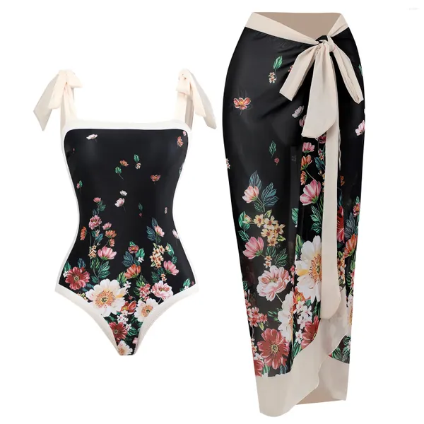 Traje de baño para mujer, Bikini con estampado de flores degradadas, traje de baño Retro con correa de una pieza y cuello cuadrado, ropa de playa Sexy sin espalda a la moda