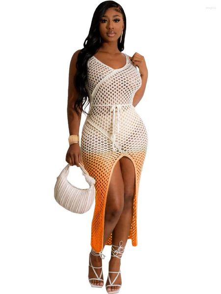 Traje de baño de mujer Gradiente de punto ahueca hacia fuera el chaleco Vestidos largos para mujer Seaside Beach Fiesta de vacaciones See Through Bikini Cover Ups Slit Dress