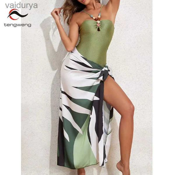 Traje de baño para mujer Verde 2024 Nuevo Sexy Push Up One Piece Mujeres Retro Imprimir Biquini Falda Cubierta Monokini Traje de baño brasileño Vestido YQ240330