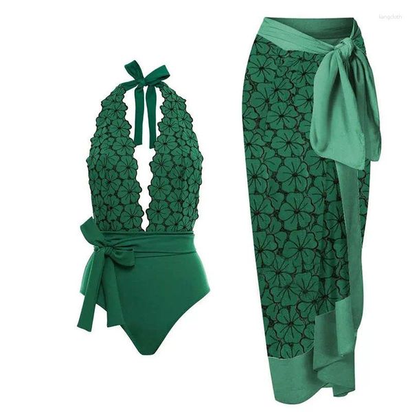 Traje de baño para mujer Traje de baño con estampado de flores verdes Mujeres Moda Sin mangas Slim Halter Cintura alta Bikini Sexy 2023 Correas Cubierta irregular