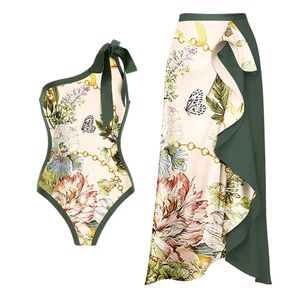 Dameszwemkleding Groene één-schouderband bedrukt badpak Onafhankelijke gegolfde geplooide elegante strandrok Pre-sale badmode 230707