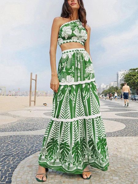 Traje de baño para mujer Impresión vintage verde Dividir un hombro Confort romántico Resort Viaje Vestido de playa largo y bikini 2024 Mujeres Verano EST