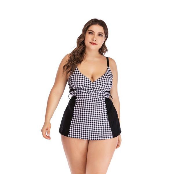 Traje de baño para mujer Vestido de baño con estampado de cuadrícula Conjunto de bikini Tankini de dos piezas Estilo retro delgado Tallas grandes 3XL 4XL