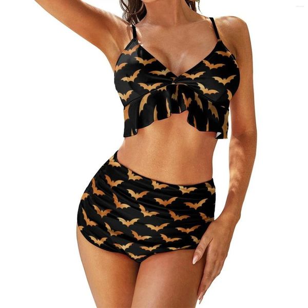 Traje de baño para mujer, Bikini espeluznante de Halloween, traje de baño con estampado de murciélago dorado, conjunto de fantasía Sexy de cintura alta, Bikinis femeninos, ropa de playa gráfica