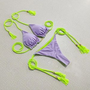 Briefes à lacets de soutien-gorge Halter pour femmes Set Set Elemy Bikini Set Tassel Backless Corde Triangle Triangle Swimsuit pour un