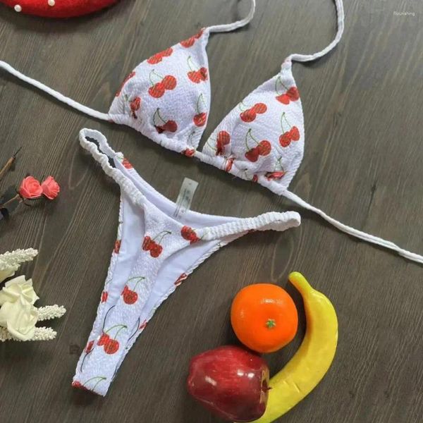Sweetwear Women's Halter Bra Lace-Up Thong Set Leopard Print High Bikini Bikini Cherry Brazilian pour les femmes