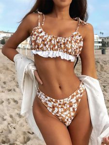 Dames badmode halter zwempak dames kleine bloemen sexy lotus blad bikini riem dames mini badpak strandkleding zomer luipaard set