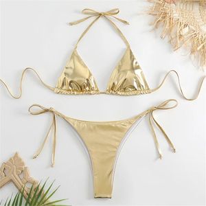 Triangle licou de maillot de bain pour femmes ensembles de bikini sexy 2024 Femmes de maillot de bain paillettes en cuir breveté Été Solide G-string Side Lace Up Monokini