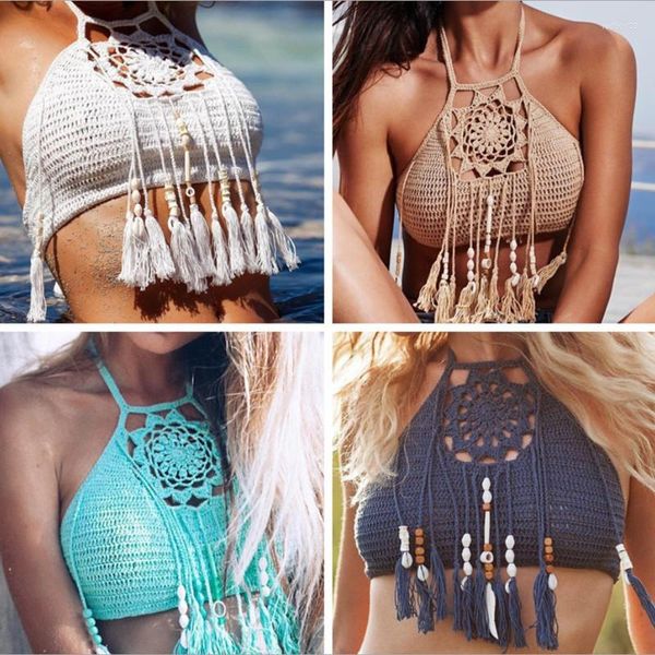 Maillots de bain pour femmes faits à la main Sexy gland Bikini hauts Boho plage Crochet frange soutiens-gorge licou Sport Yoga Camisole réservoirs maillot de bain