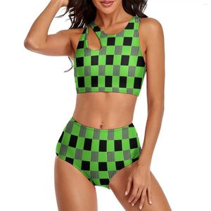 Traje de baño para mujer Bikini de guinga duro Traje de baño Sexy Verde y negro Conjunto de cintura alta Conjunto de dos piezas Impreso Push Up Traje de baño para playa