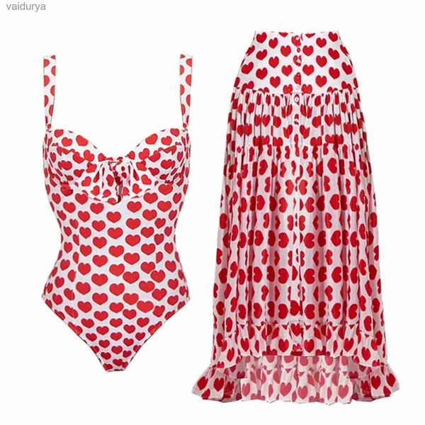 Traje de baño para mujer Conjunto de bikini con estampado de corazón Traje de baño de dos piezas para mujer Traje de baño para mujer Falda cruzada de corte bajo Trajes de baño plisados ​​yq240330