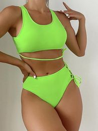Dames zwemkleding hoge nek bikini 2023 vrouwen sexy taille zwempak groen touw vrouwelijk zwembaden zwempak zomer strandkleding
