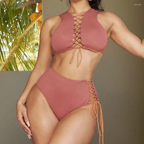 Traje de baño para mujer, conjunto de Bikini de dos piezas con cuello alto, traje de baño con cordones, Bikinis femeninos, traje de baño, Bikini Tankini, ropa de playa 2023