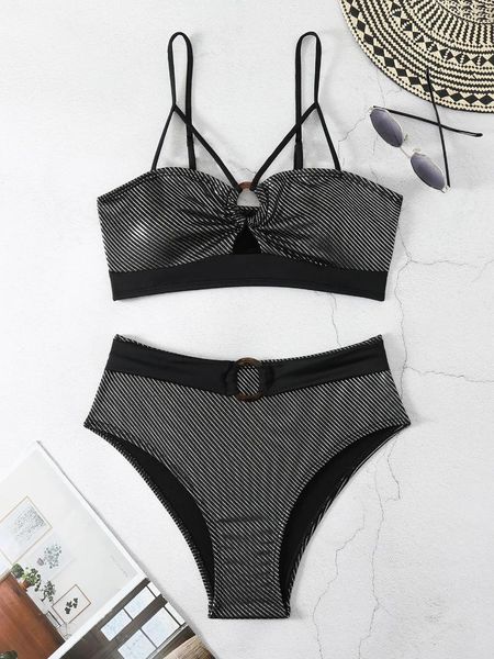 Bikini de la cintura alta para mujeres Bikini 2024 Mujeres brillantes brozing anillo de cabestro negro vinculado traje de baño de traje de baño