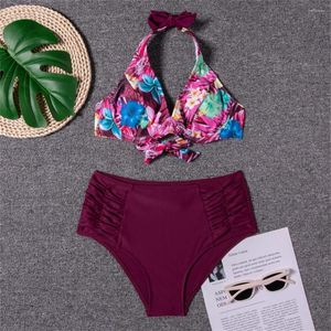 Swimwear pour femmes hautes taille plikini bikini imprimé floral licou licou push up mail de maillot de bain y2k