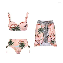 Dames badkleding met een hoge taille bikini set roze bloemenprint met dekmantel met dekmantel strandkleding luxe designer baden