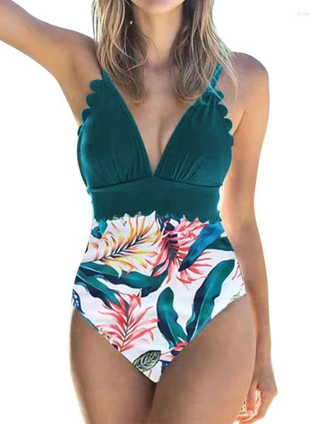 Swimwear Women High Woon Femmes One Piece Swimsuit Sexy V-Neck Push Up Halter Sacallop Trim Bathing Fissure de plage Brésilien Monokini brésilien